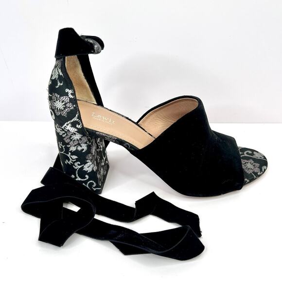 LEWIT Women's Size 9 Black Floral Velvet Tie Wrap Open Toe Block Heels Shoes - Picture 2 of 14